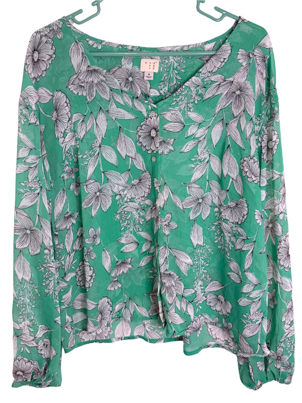 a new day Green Floral Long Sleeve Button Down Sheer Blouse Size Medium